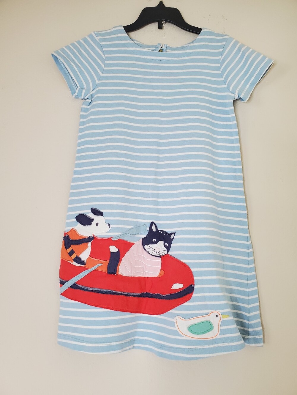 Mini Boden rescue kitty Jersey dress Sz 9-10Y Applique Blue Striped Nautical
